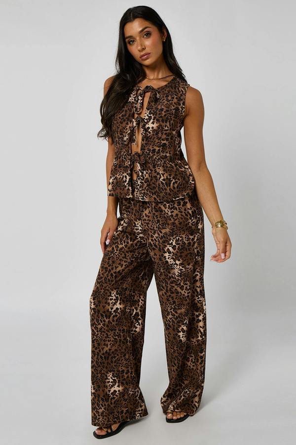 Urban Bliss Leopard Linen-Look Tie Front Waistcoat