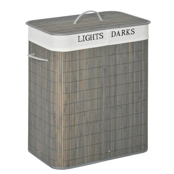 Grey collapsible laundry hamper with hinged lid, string handles, and fabric liner inside