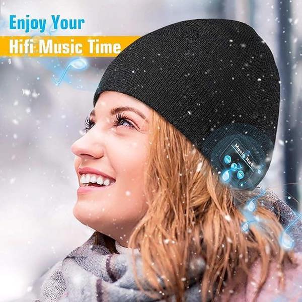 Dyzi Beanie Hat With Bluetooth Speaker Headphones Rechargeable Black