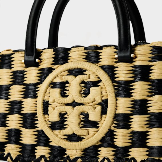 Tory Burch Ella Hand-Crotcheted Checkered Top Hand Bag Black Natural