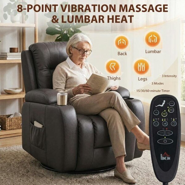 PU Leather Recliner Chair, Recliner Armchair with Extended Footrest, Cup Holders and Side Pockets, Dark Brown