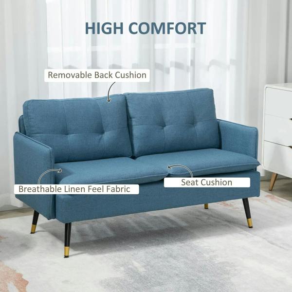 Dark blue loveseat sofa with tufted back cushions, upholstered seat, and steel legs
