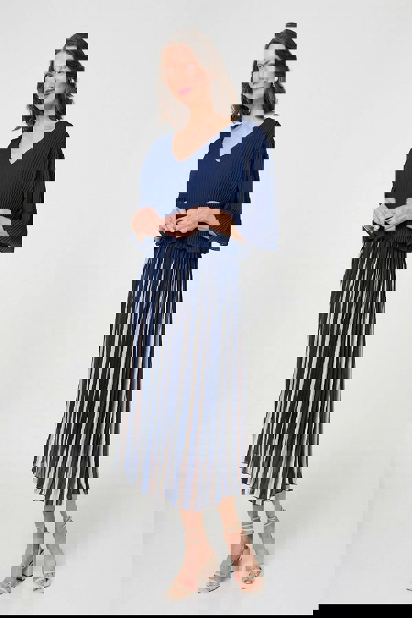 Navy | Striped Pleat 1/2 Sleeve Midi Dress
