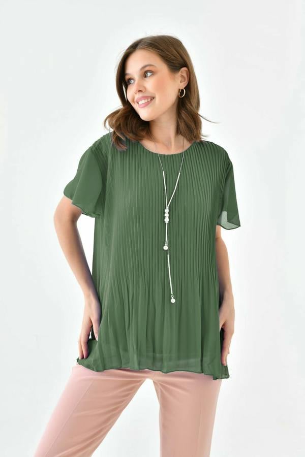 Hoxton Gal Oversized Round Neck Short Sleeve Pleated Blouse in Khaki with Necklace