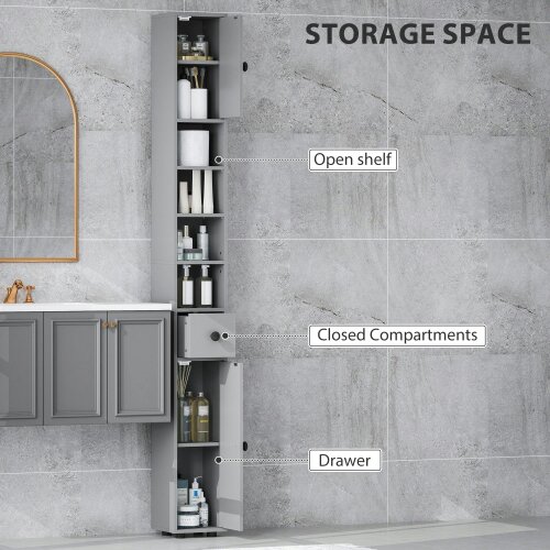 Wyld Haus Tasere Tall Slim Bathroom Storage Cabinet With Drawers Shelves And Cupboards Grey