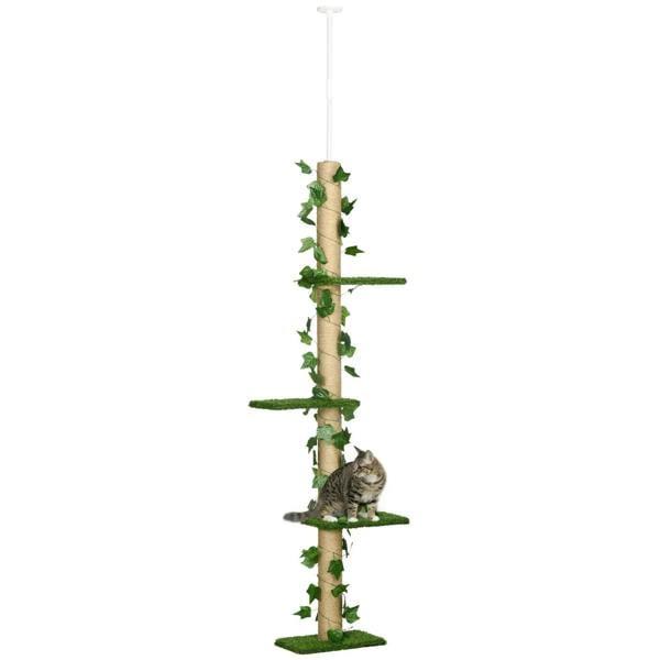Adjustable floor-to-ceiling cat tree with green artificial leaves, jute post and perches