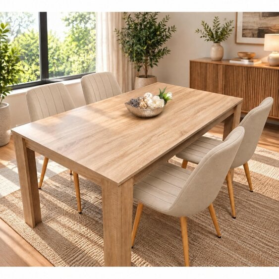 Kosy Koala Rectangular Dining Table Set with 4 Beige Velvet Chairs, Light Wood-Effect, 140cm
