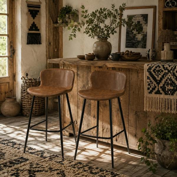 Wyld Haus Lorelu Faux Leather Brown Upholstered Bar Chairs Set Of 2 With Steel Legs And Footrest
