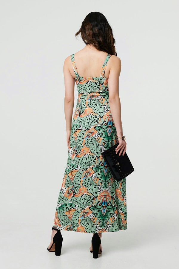 Green | Butterfly Print V-Neck Empire Maxi Dress
