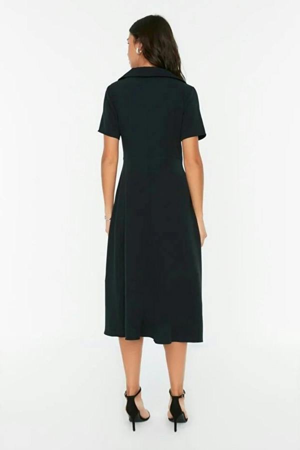 Button Detail Skater Fit and Flare Midi Woven Dress