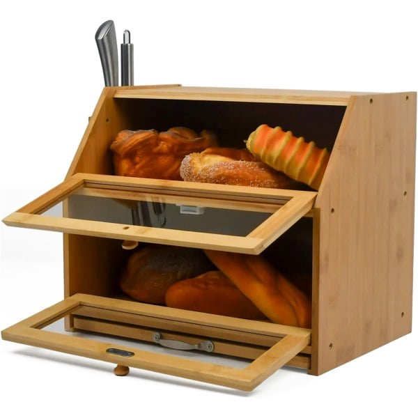 Maison des Cadeaux Large 2-Compartment Bamboo Bread Bin with Sliding Chopping Board
