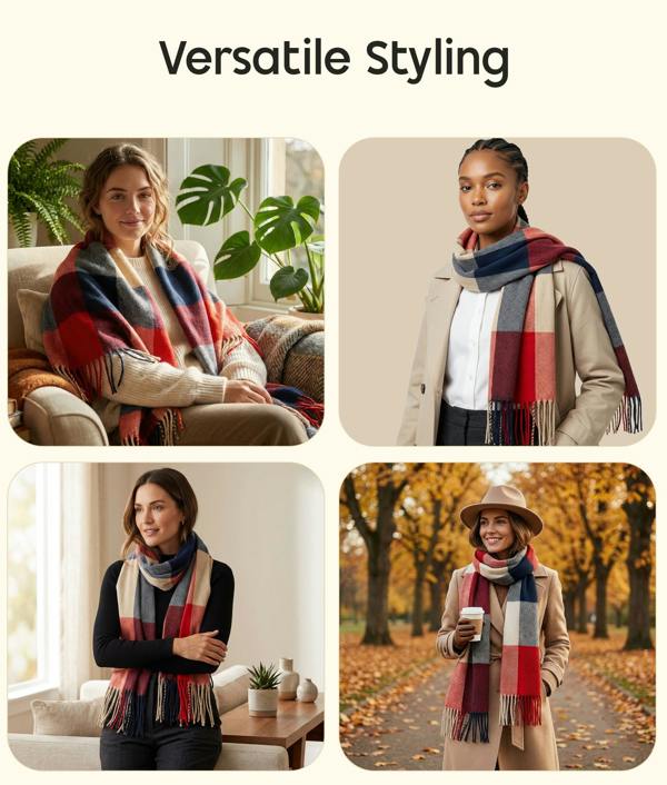 VIA MONTEN Women’s Vintage Plaid Scarf, Oversized Winter Scarf Wrap with Fringe, Soft Long Shawl for Cold Weather Styling