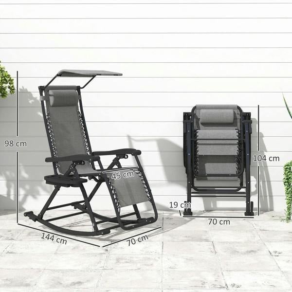 Grey folding rocking recliner chair with headrest, shown front and side views