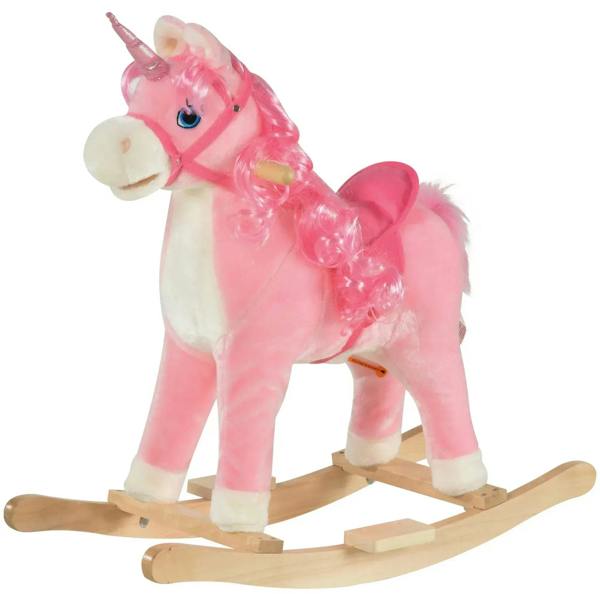 Pink plush rocking unicorn ride-on toy with wooden base, long mane and horn
