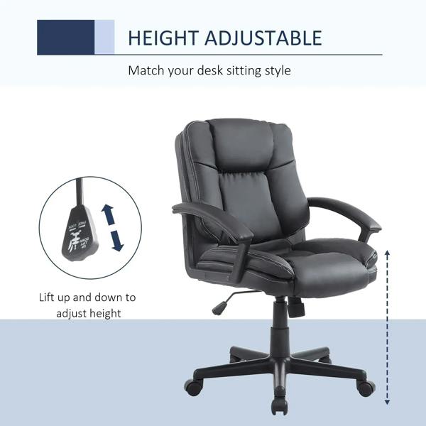 Black PU leather office chair with height adjustment lever, padded headrest, and swivel base