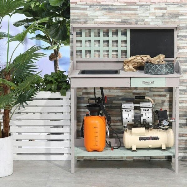 Garden Potting Table with Sink, Blackboard and Drawer, Wooden Planting Work Bench Workstation Outdoor Tool Storage Shelves - Dark Grey, Light Blue