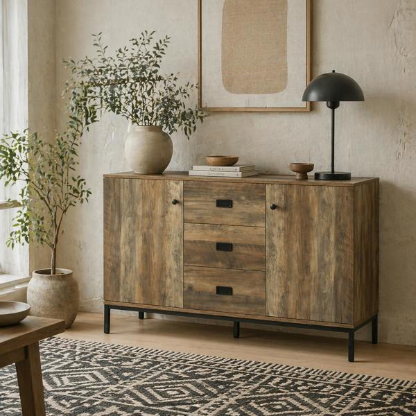 Wyld Haus Mango Retro Wood Effect Modern Sideboard 3 Drawers 2 Doors