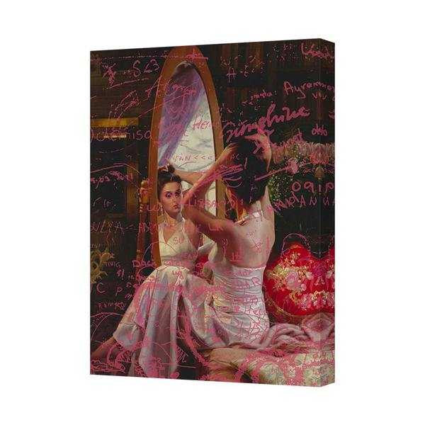 Benjamin Tate Design Contemporary Art Canvas Print Woman In Mirror With Pink Scribbles