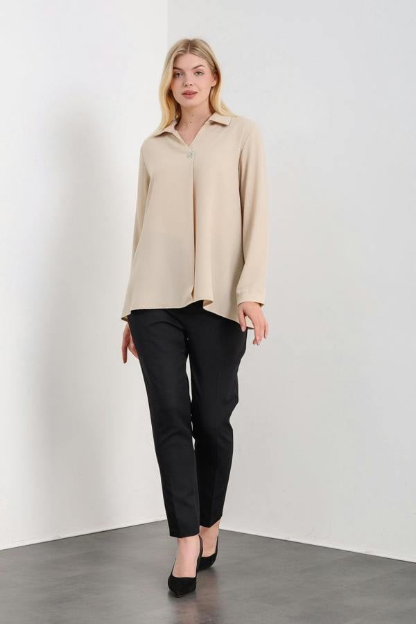 Hoxton Gal Oversized Long Sleeves Blouse with Brooch Details in Beige