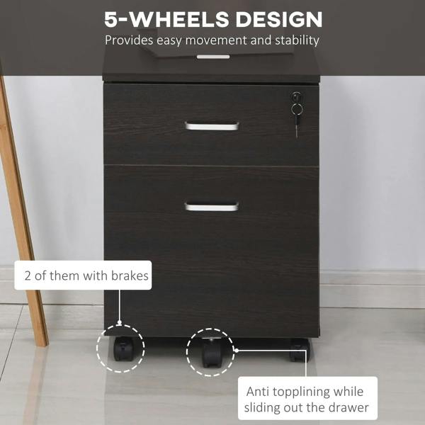Locking rolling filing cabinet with two drawers, caster wheels with brakes and anti-tip support