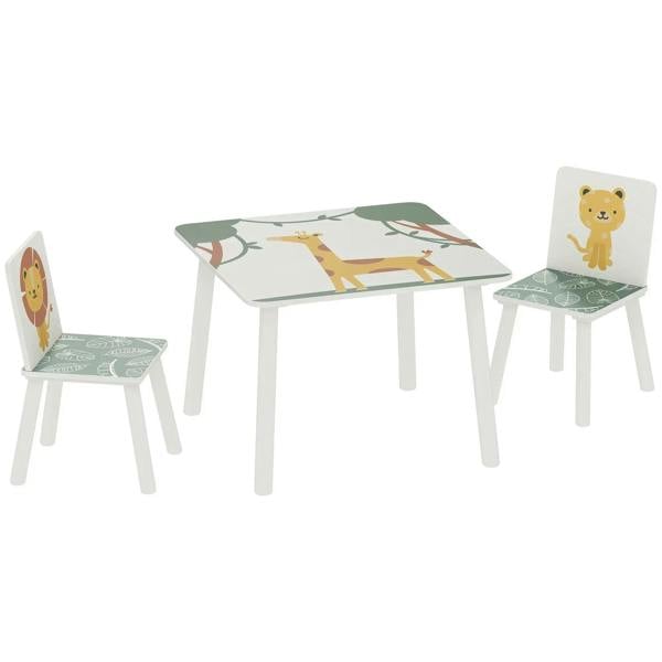 3-piece toddler kids table set with green tabletop and two white chairs with animal prints