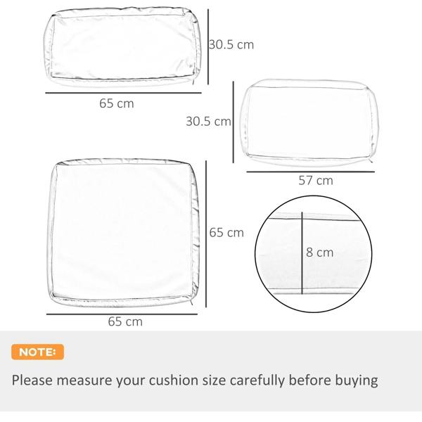 Cushion cover size chart with three cover shapes and printed dimensions