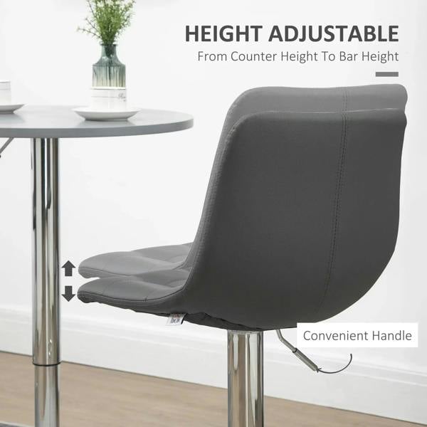 Grey adjustable bar stool with padded seat and back, PU leather look, handle and metal base