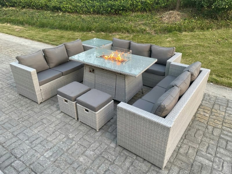 Fimous Rattan Outdoor Garden Dining Set With Gas Heater Firepit Dining Table, 3 Sofas, 1 Side Table, 2 Foot Stools - 11 Seater - Light Grey