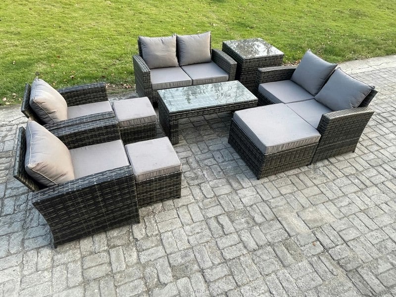 Fimous 9-Seater Dark Grey Mixed High Back Rattan Garden Furniture Set - Outdoor Patio Sofa with Coffee Table & Armchairs