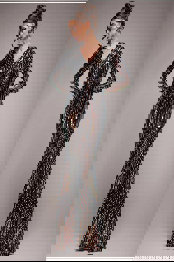 Two Toned V Neck Sequin Maxi - Black DR3494