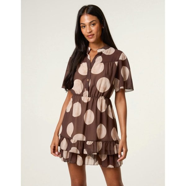 Blue Vanilla Polka Dot Button Up Double Frill Short Sleeve Dress