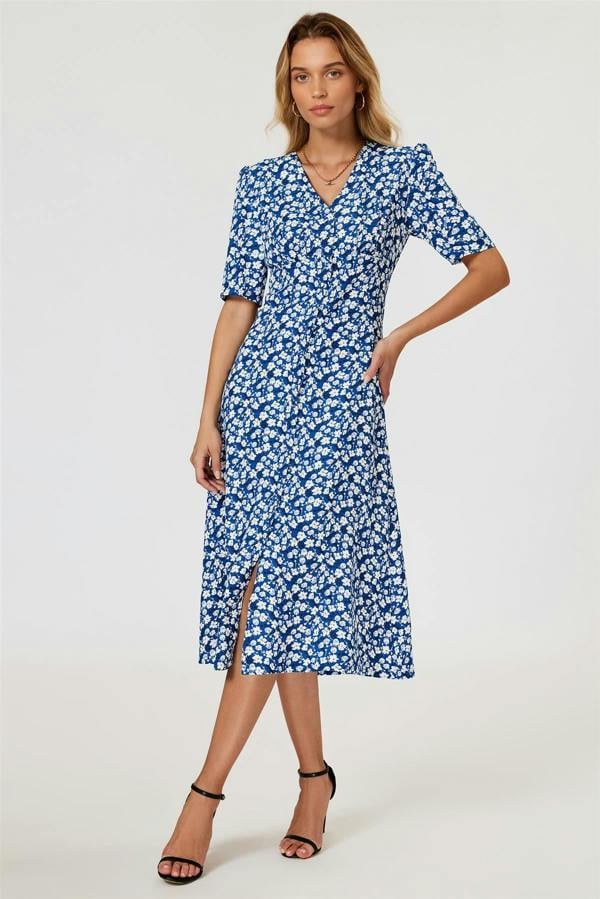 FS Collection Floral Print Button Front Midi Dress In Blue