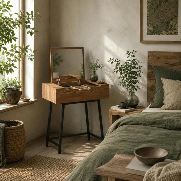 Wyld Haus Fino Leri Natural Wood Industrial Vanity Desk With Flip Up Mirror And 6teen Storage Compartments