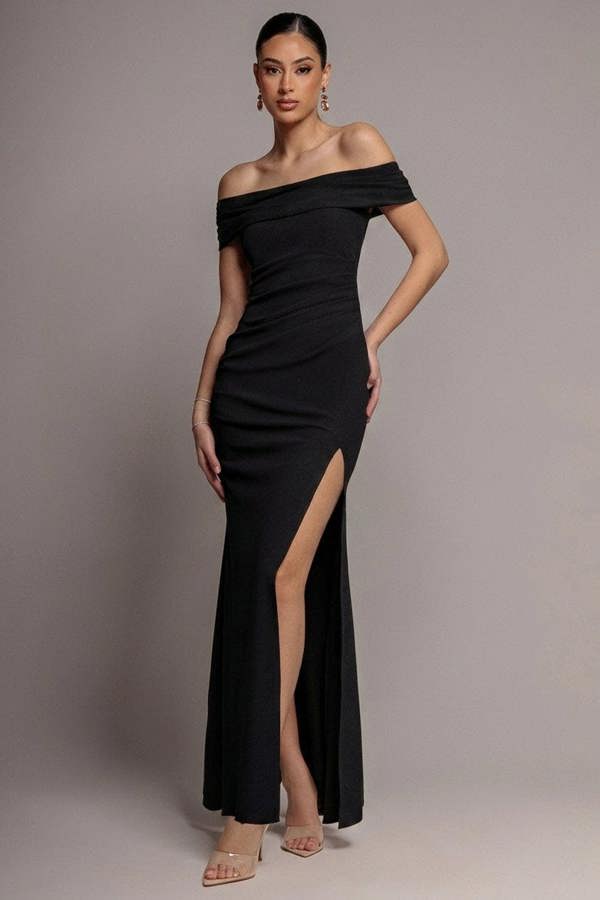 Off The Shoulder Maxi Dress With Split - Black DR1878