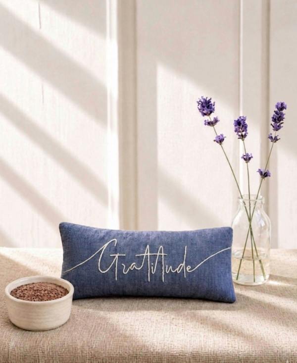 Gratitude Embroidered Linen and Lavender Eye Pillow - Blue - Lavender