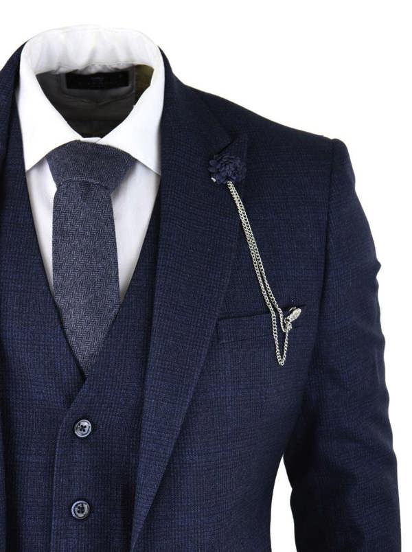 House of Cavani Mens 3 Piece Navy Blue Check Tweed Retro Classic Suit
