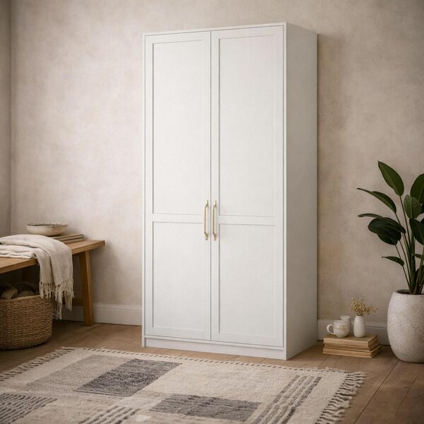 Wyld Haus Kahs White Wooden 2 Door Storage Wardrobe Gold Handles