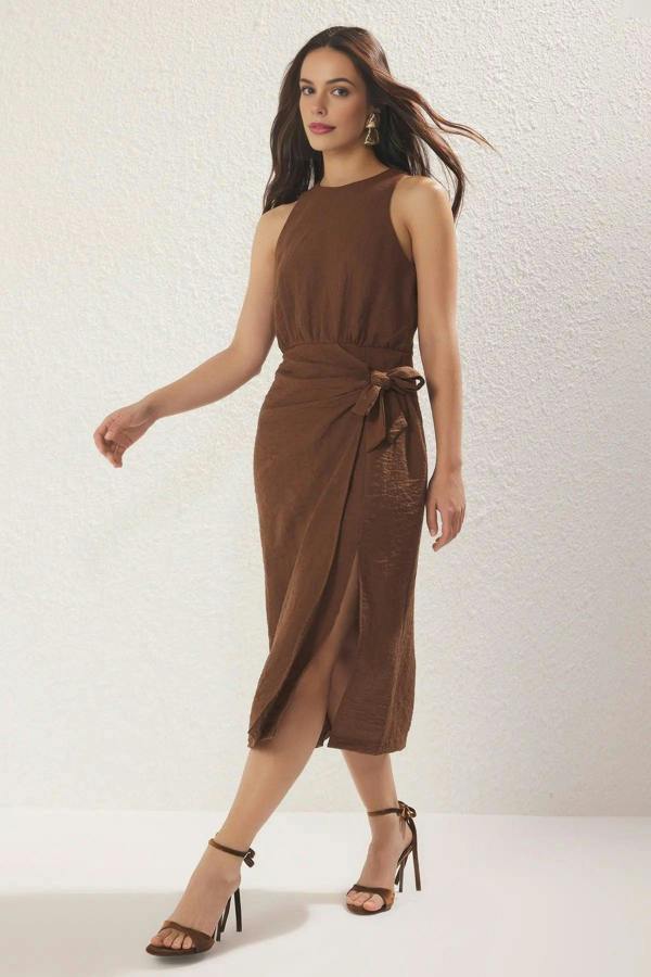 WOVCOR Midi Woven Dress with Tie Detail