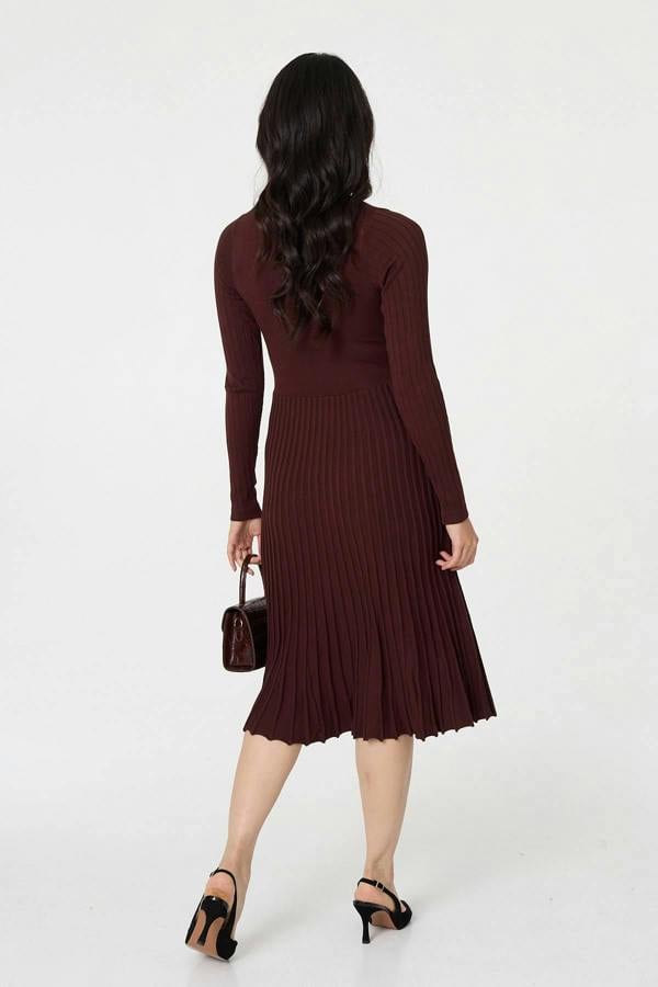 Brown | Pleated Knit Faux Wrap Midi Dress