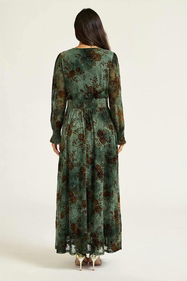 FS Collection Brown Floral Velvet Devore Long Sleeve Maxi Dress In Green