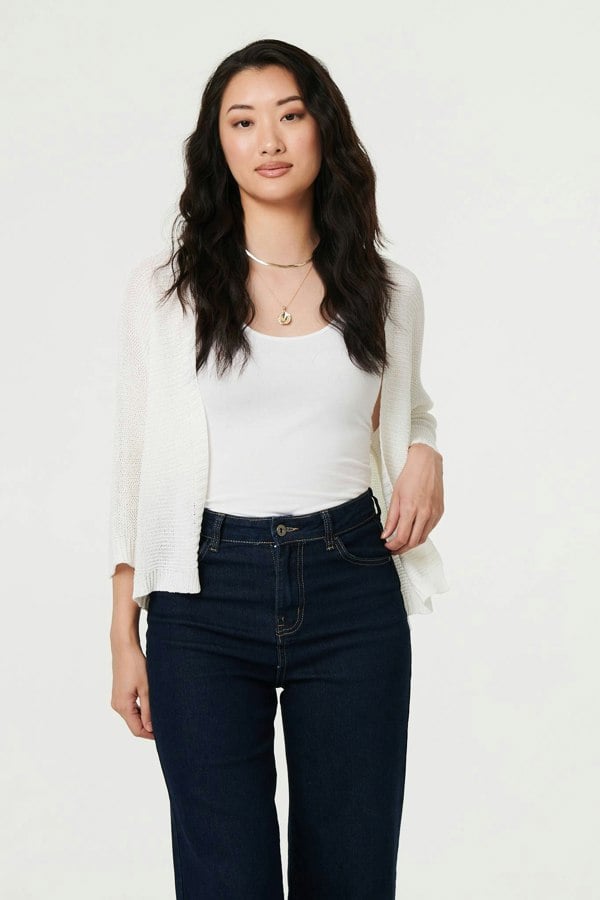 White | Mesh Cropped 3/4 Sleeve Open Cardigan