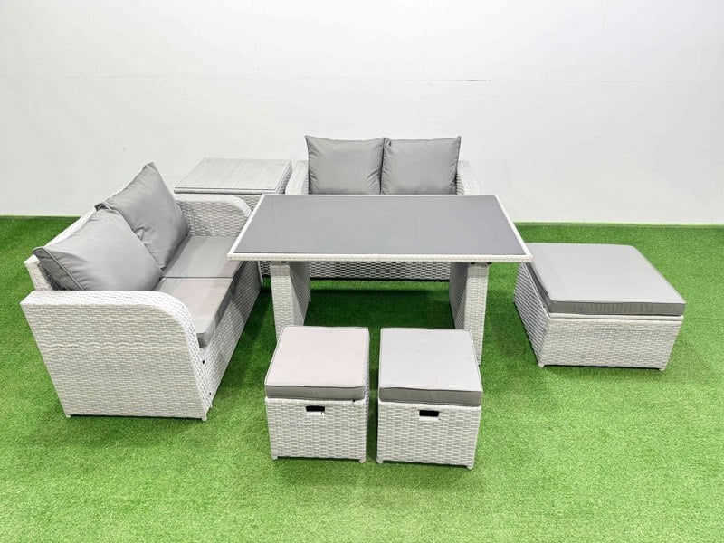 Fimous 7 Pieces Outdoor PE Rattan Sofa Set Patio Garden Furniture Sets with Cushions Side Table 3 Stools Light Grey