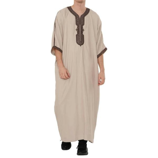 Men's Half Sleeve Embroidery Moroccan Thobe - Salmon Wine - Thobez - 35