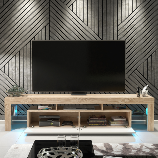Mex Furniture Sleek 200cm Modern TV Unit  Cabinet Stand Oak High Gloss White Doors & Free LED Lights
