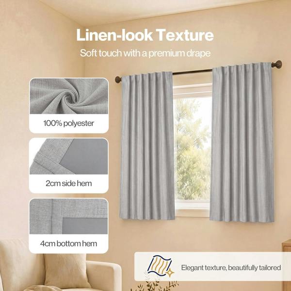 Marlow 100% Blackout Curtains Thermal Linen Look Pair Ready Made 46x54 in Grey