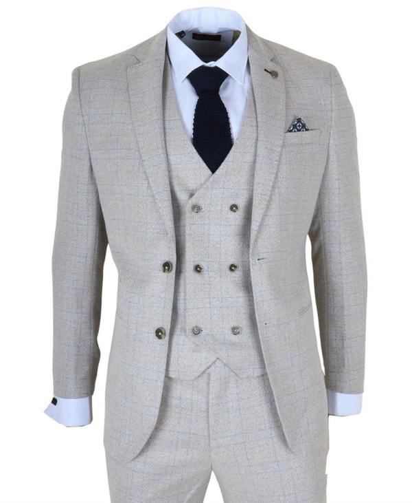 Infinity Leather Men's Cream Plaid Check 3 Piece Slim Fit Formal Wedding Suit