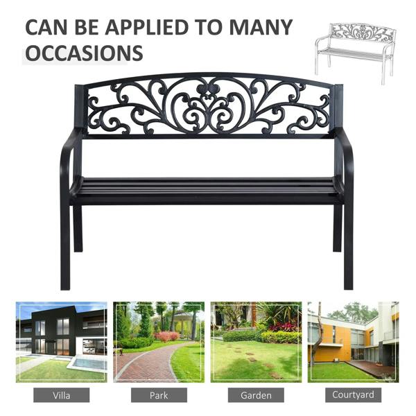 Black 2-seat garden bench with decorative scroll back and tubular armrests