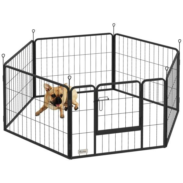 Portable 6-panel dog playpen in grey with metal wire panels and hinged door