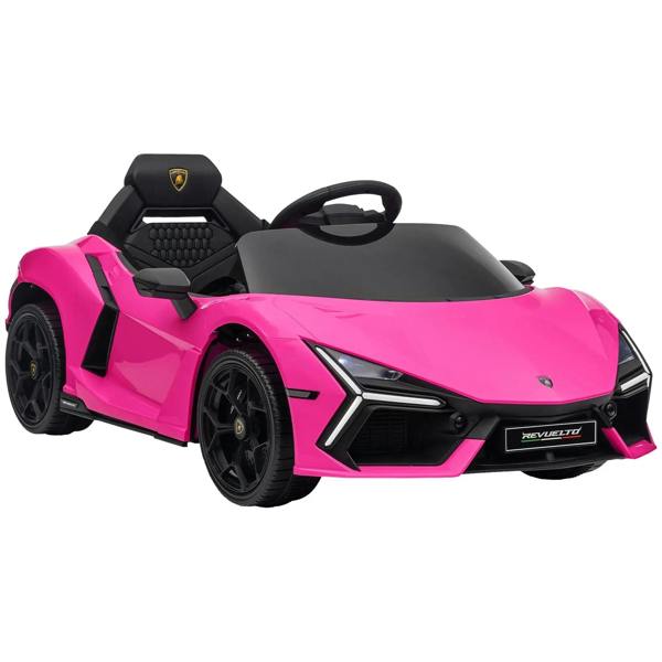 Pink Lamborghini Revuelto licensed 12V ride-on car with black wheels, front 3/4 view