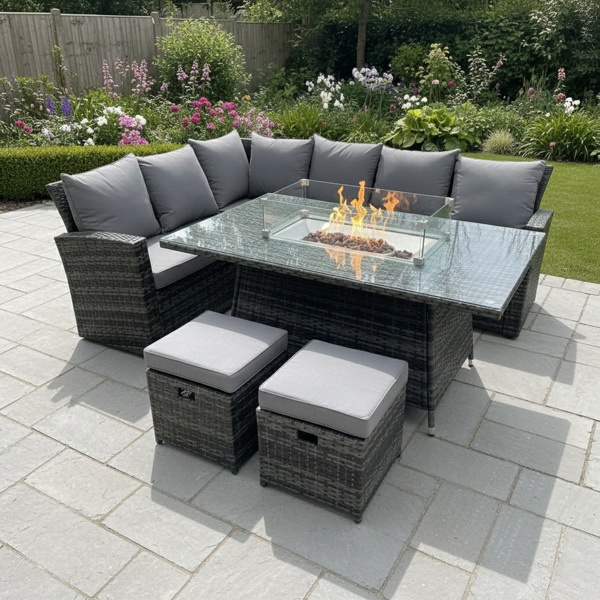 Fimous 8 Seater High Back Rattan Garden Furniture Set with Gas Fire Pit Dining Table, Left Corner Sofa & 2 Footstools - Dark Grey